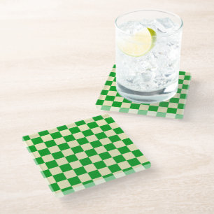 Retro Green Off White Checks Chequerboard Pattern  Glass Coaster