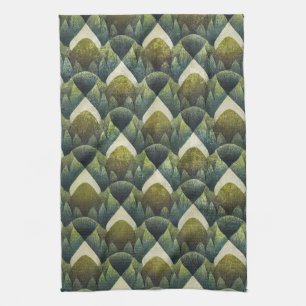 Retro Green Olive Geometric Art Pattern Kitchen Towel