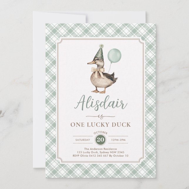 Retro Green One Lucky Duck Balloon 1st Birthday Invitation (Front)