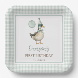 Retro Green One Lucky Duck Balloon 1st Birthday Paper Plate