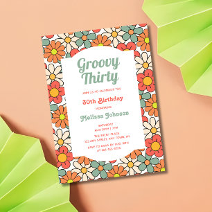 Retro Green Orange Floral Groovy 30th Birthday Invitation