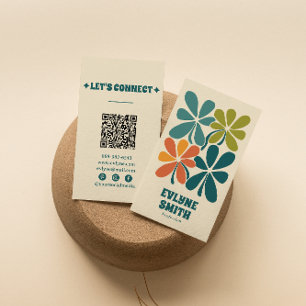Retro Green Orange QR Code Boho Floral Unique Business Card