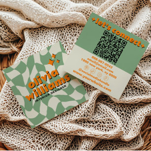 Retro Green Orange QR Code Groovy Checkered Boho Square Business Card