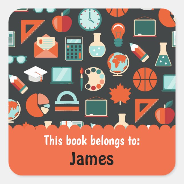 Retro Green Orange School Supplies Personalized Square Sticker (Front)