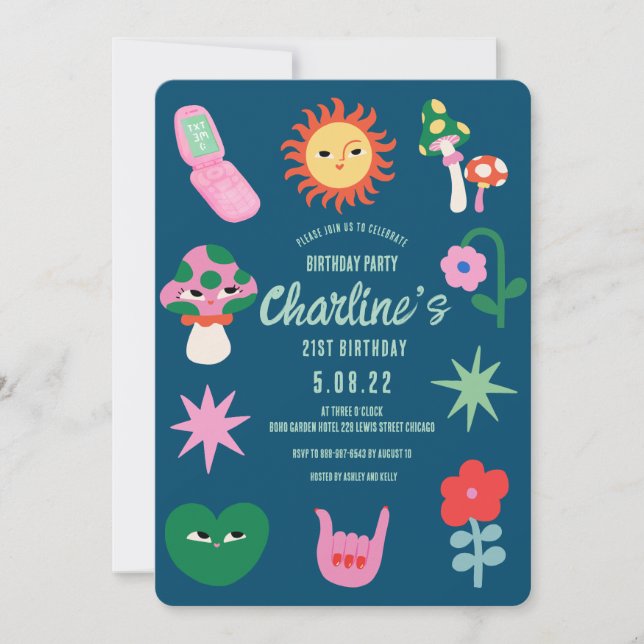 Retro Green Pink 21st Birthday Party Invitation (Front)
