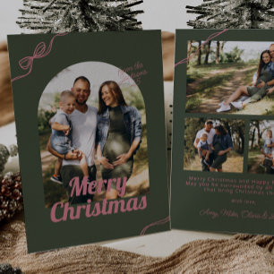Retro Green & Pink Bow Arch Photo Christmas Holiday Card