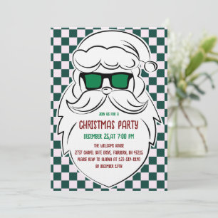 Retro Green Pink Checkered Santa Claus Christmas  Invitation