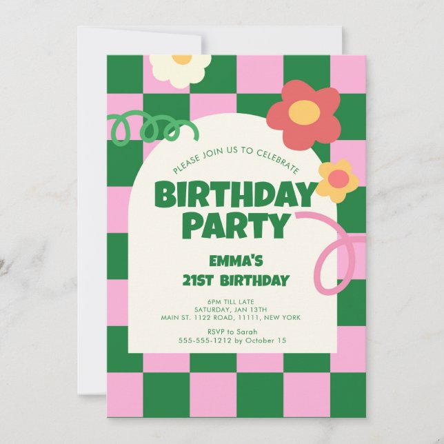 Retro Green Pink Chequered 21st Birthday Party Invitation (Front)