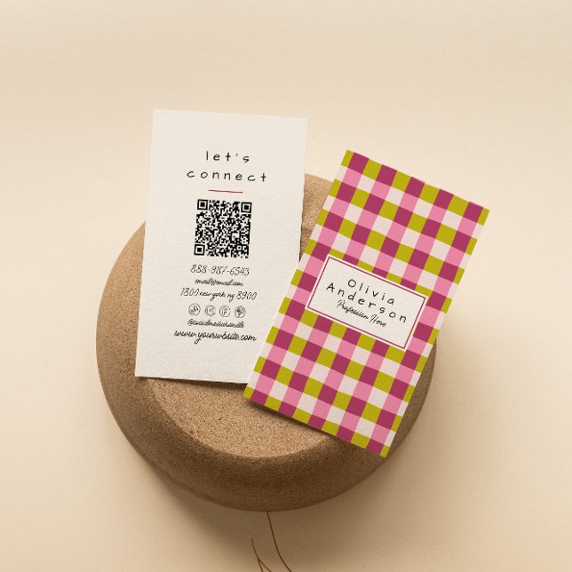 Retro Green Pink Chequered Gingham Girly QR Code Business Card (Creator Uploaded)