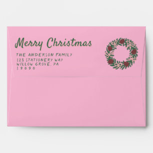 Retro Green Pink Drawn Bows Wreath Merry Christmas Envelope