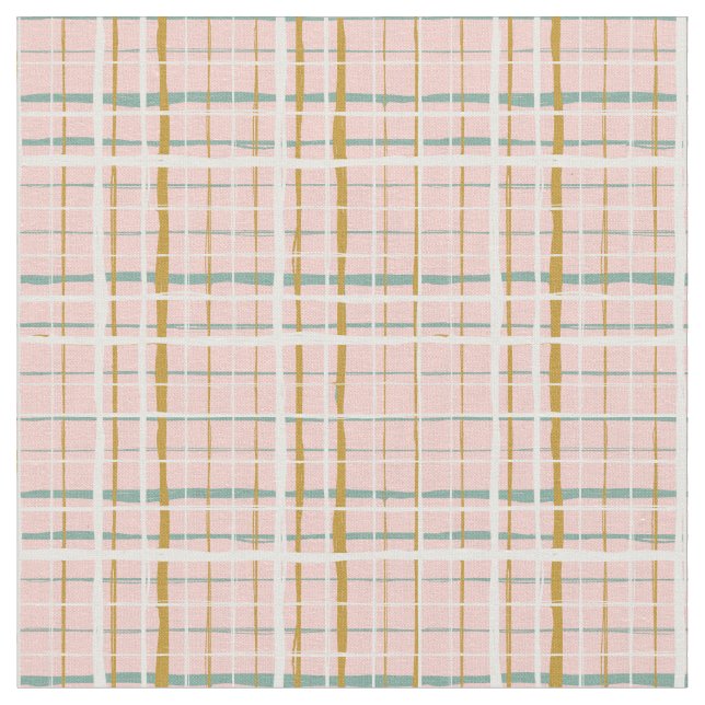 Retro Green Pink Ochre White Plaid  Fabric (Close Up)