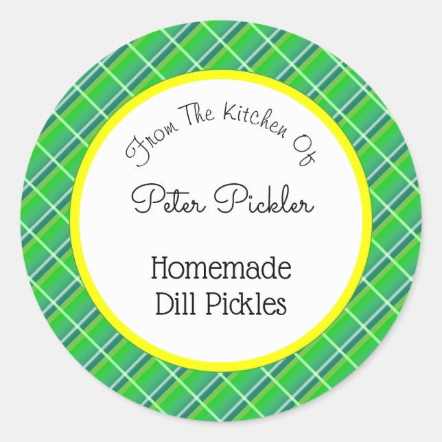 Retro Green Plaid Custom Pickling or Baking Classic Round Sticker (Front)