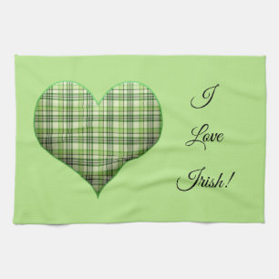 Retro green plaid heart St Patrick I love Irish Kitchen Towel