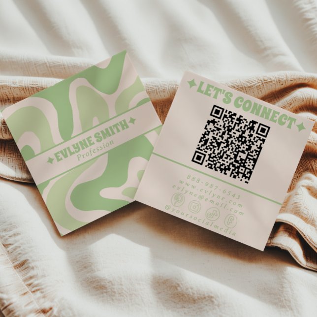 Retro Green QR Code 70s Boho Groovy Unique Trendy Square Business Card (Creator Uploaded)