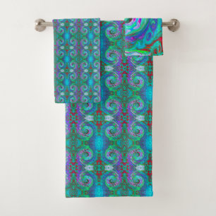 Retro Green, Red and Magenta Abstract Groovy Swirl Bath Towel Set