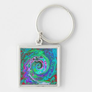 Retro Green, Red and Magenta Abstract Groovy Swirl Keychain