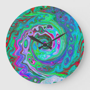 Retro Green, Red and Magenta Abstract Groovy Swirl Large Clock