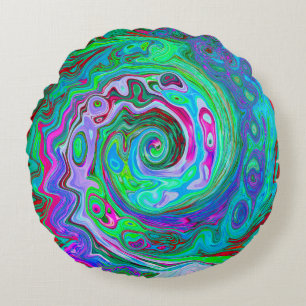 Retro Green, Red and Magenta Abstract Groovy Swirl Round Pillow
