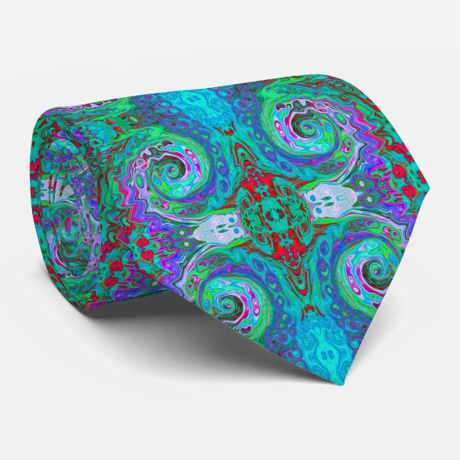 Retro Green, Red and Magenta Abstract Groovy Swirl Tie (Rolled)