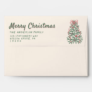 Retro Green Red Drawn Bow Tree Merry Christmas Envelope