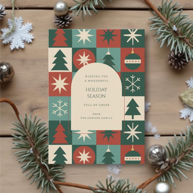 Retro Green Red Mid Mod Chequered Holiday Card (Creator Uploaded)