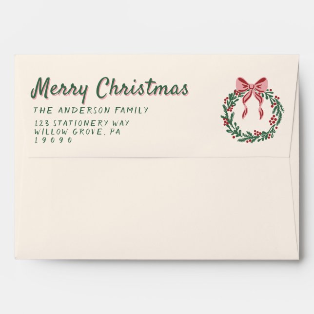 Retro Green Red Pink Bow Wreath Merry Christmas Envelope (Back (Top Flap))