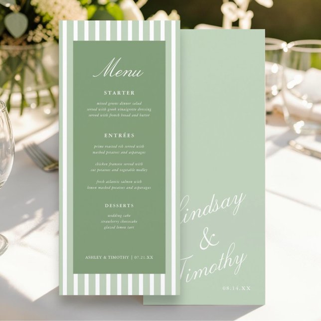 Retro Green Stripes Wedding Table Menu Cards (Creator Uploaded)