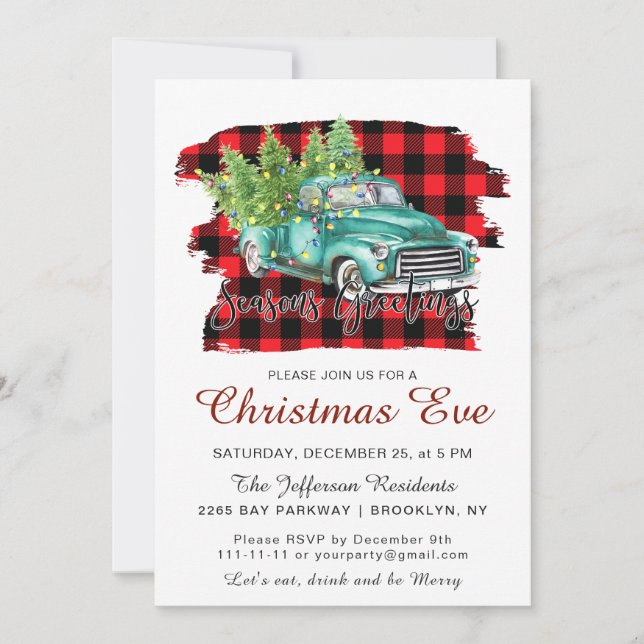 Retro Green Truck Buffalo Plaid Christmas EVE Invitation (Front)
