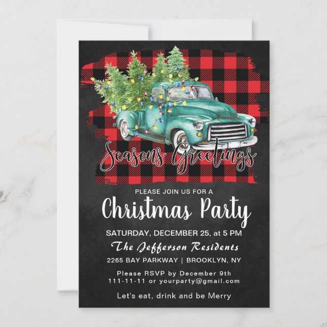 Retro  Green Truck Buffalo Plaid Christmas Party Invitation (Front)