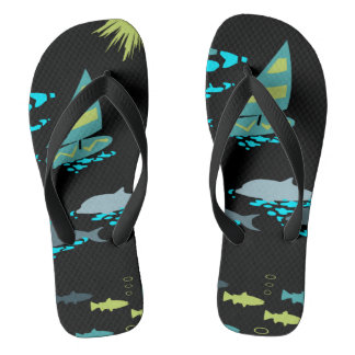 Retro Green Turquoise Black Windsurfer & Dolphins Flip Flops