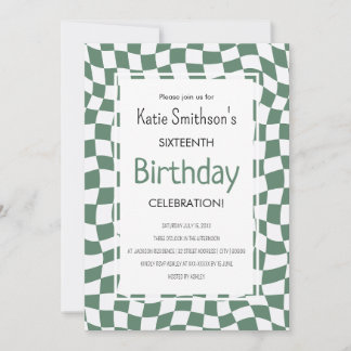 Retro Green Wavy Check Birthday Invitation
