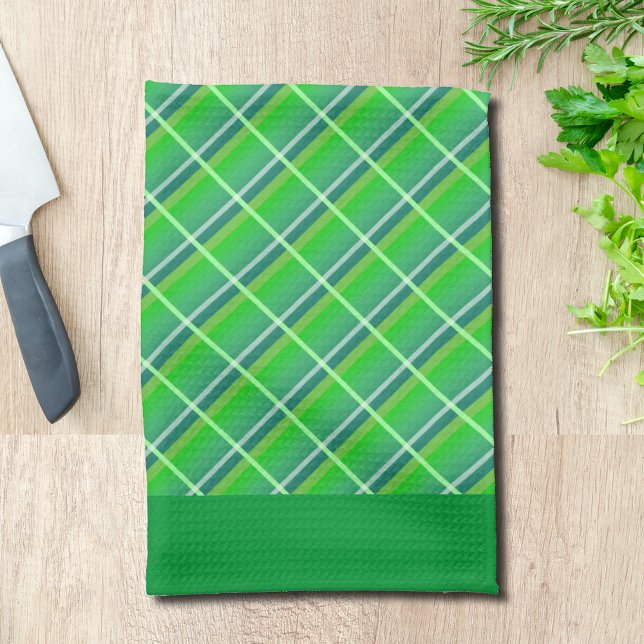 Retro Green White Horizontal Plaid Pattern Kitchen Towel (Creator Uploaded)