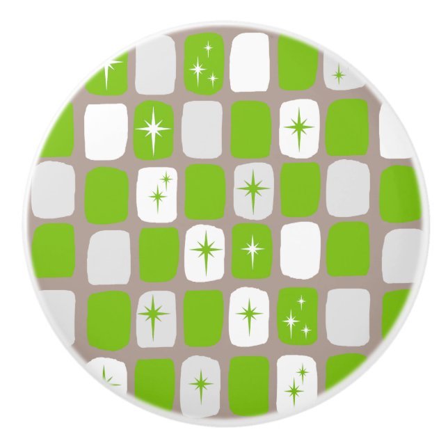 Retro Green & White Starbursts Ceramic Knob (Front)