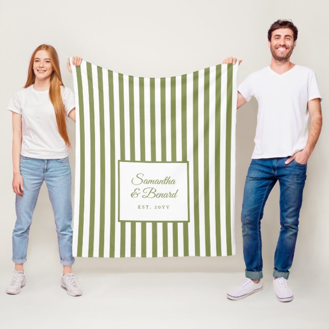Retro Green White  Stripes Personalized Wedding Fleece Blanket (In Situ)