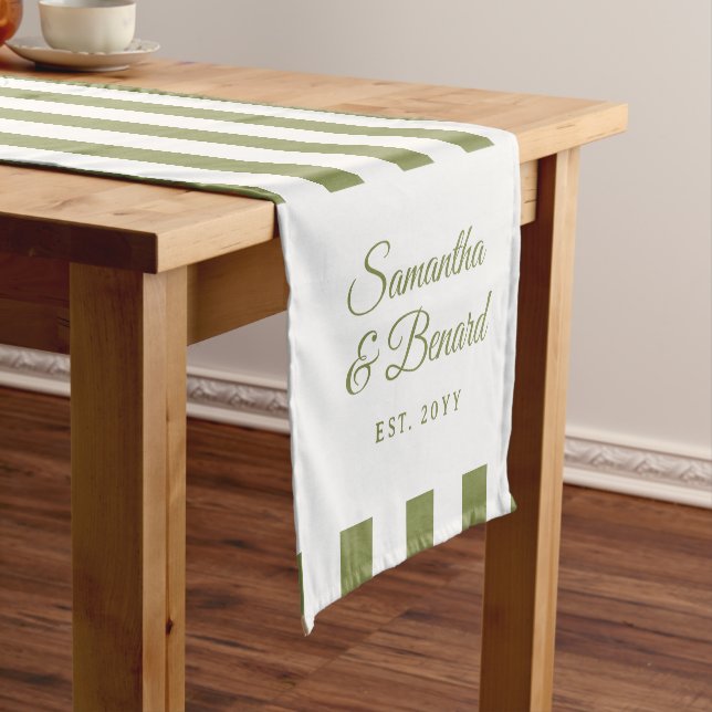 Retro Green White  Stripes Personalized Wedding Short Table Runner (In Situ)