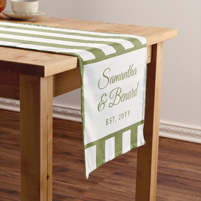 Retro Green White  Stripes Personalized Wedding Short Table Runner (In Situ)