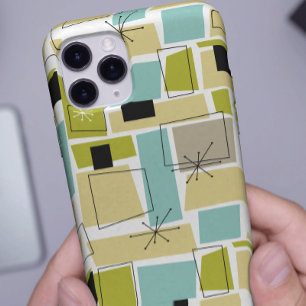 Retro Green Yellow Squares Starburst Mid Century iPhone 14 Case