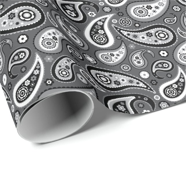 Retro Grey and Black Paisley Pattern Wrapping Paper (Roll Corner)