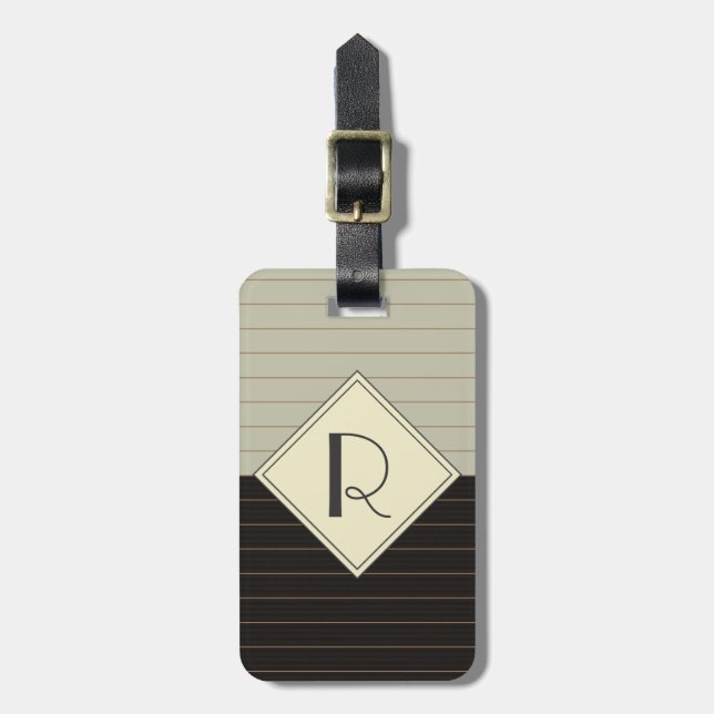 Retro Grey and Black Stripe Monogram Luggage Tag (Front Vertical)