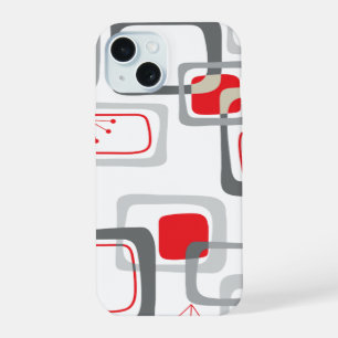Retro Grey And Red Cherry Squares Cute Mod Pattern iPhone 15 Case