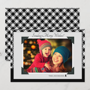 Retro Grey & Black Buffalo Check Christmas Photo Holiday Card