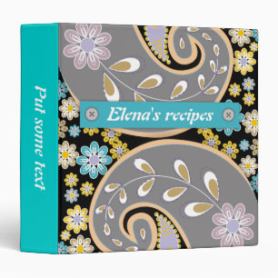 Retro grey, black paisley colourful floral recipe binder
