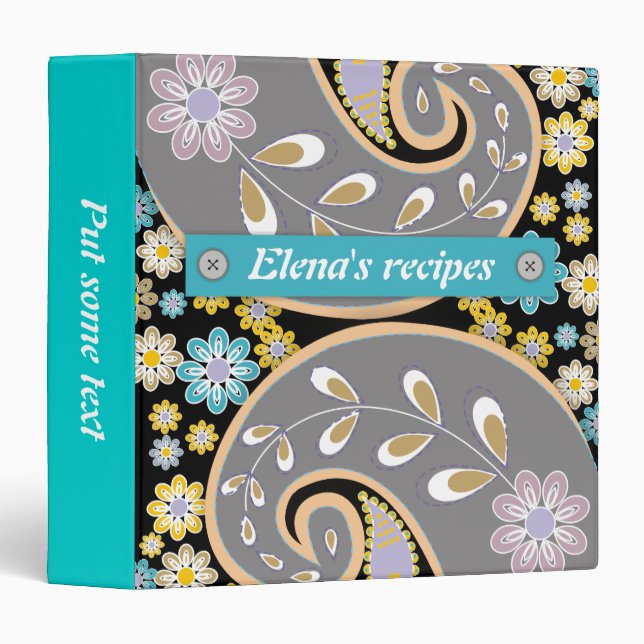Retro grey, black paisley colourful floral recipe binder (Front/Spine)