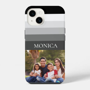 Retro Grey Black Stripe Photo monogram iPhone 14 Case