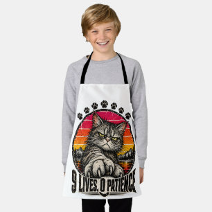 Retro Grey Cat 9 Lives 0 Patience Sunset Art Apron