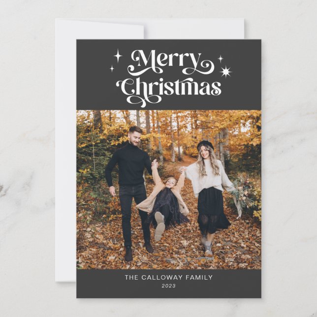 Retro Grey Christmas Photo Holiday Card (Front)