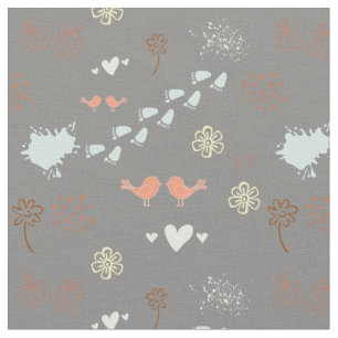 Retro grey colourful pattern of birds, dots, foots fabric