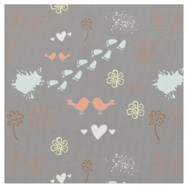 Retro grey colourful pattern of birds, dots, foots fabric (Close Up)