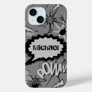 Retro Grey Custom Comic Book Pattern Personalised iPhone 15 Case