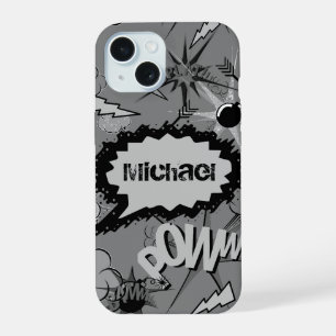 Retro Grey Custom Comic Book Pattern Personalised iPhone 15 Case